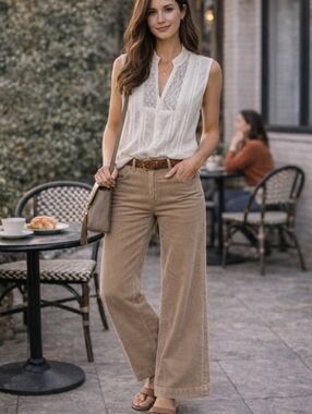 Ann Taylor Wide-Leg Corduroy Pants | Size 12 Neutral Tan High Rise Classic